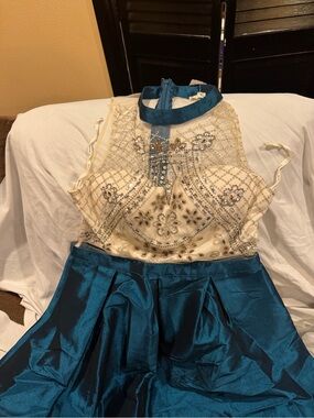 Embellished Ivory and Teal Formal Dress